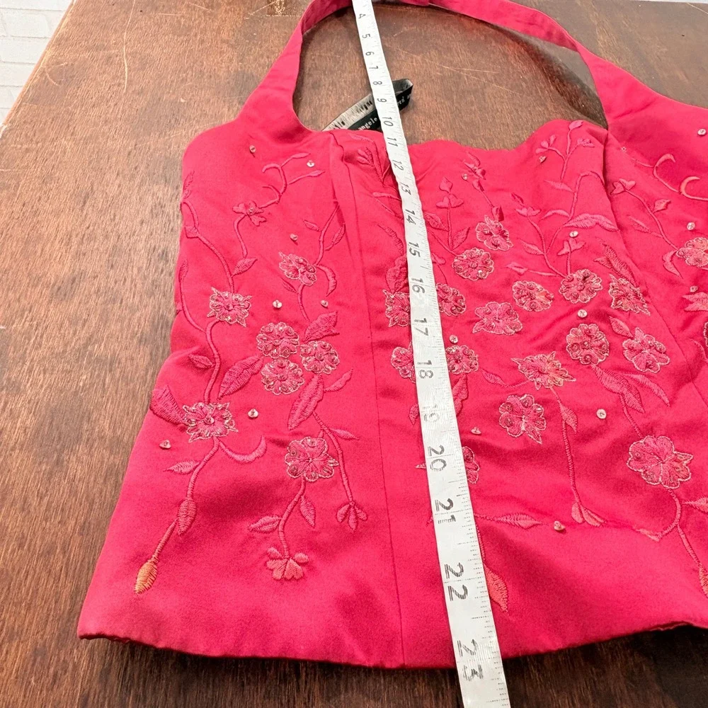 Womens Red Satin Halter Corset Top Small Embroidered Beaded Y2K Coquette Party